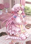  alternate_costume bed blush capelet character_name crescent cup frilled_skirt frills hat heart highres kamekichi_(kamekiti) long_hair mirror patchouli_knowledge purple_eyes purple_hair revision sitting skirt solo striped striped_legwear thighhighs touhou 