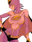  1girl belt cape clothes_writing genderswap genderswap_(mtf) grin hand_on_hip kaburagi_t_kotetsu profile smile solo spandex superhero tiger_&amp;_bunny wild_tiger 