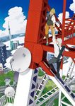  alternate_costume blonde_hair blue_sky building casual cityscape climbing cloud day hatake_kakashi highres i_(kaiyou) male_focus multiple_boys naruto naruto_(series) naruto_shippuuden satellite_dish sky spiked_hair tower transmission_tower tree uzumaki_naruto white_hair 