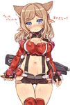  7010 assault_rifle blue_eyes blush breasts brown_hair extra_ears fingerless_gloves gloves gun large_breasts long_hair looking_at_viewer navel neighbor_quartz phantasy_star phantasy_star_online_2 pointy_ears rifle sketch smile solo sweat translated weapon 