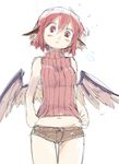  alternate_costume animal_ears bare_shoulders blush_stickers flying_sweatdrops low_wings mystia_lorelei navel no_hat no_headwear pink_eyes pink_hair ribbed_sweater sape_(saperon_black) short_hair short_shorts shorts simple_background sketch sleeveless solo sweater thigh_gap touhou white_background wings 