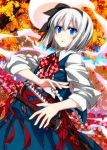  autumn autumn_leaves bangs belt black_ribbon blue_eyes blue_skirt blue_sky blue_vest cloud collared_shirt colored_eyelashes commentary_request day dutch_angle flower hair_between_eyes hair_ribbon highres konpaku_youmu konpaku_youmu_(ghost) outdoors petals pink_flower purple_flower red_belt red_flower ribbon sazanami_mio sheath shirt short_hair silver_hair skirt skirt_set sky sleeves_rolled_up solo sword touhou tree vest weapon white_shirt wing_collar 