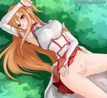  2012 arm_up asuna_(sao) bad_id bad_pixiv_id bare_shoulders blush bottomless breastplate breasts brown_eyes brown_hair censored dated detached_sleeves ginko_(silver_fox) long_hair looking_at_viewer looking_up lying medium_breasts mosaic_censoring no_panties on_back parted_lips pubic_hair pussy pussy_juice skirt skirt_lift solo sword_art_online watermark web_address 