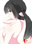  1girl black_hair breasts covering covering_breasts female green_eyes inaka_keikou large_breasts long_hair looking_back nude original sho_yayoi simple_background solo standing upper_body white_background 