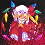  1girl ascot bow crystal flandre_scarlet hat hat_bow laevatein lowres puffy_sleeves red_eyes shionty short_hair short_sleeves side_ponytail smile solo touhou weapon wings 