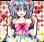  argyle argyle_background blue_eyes blue_hair character_name collarbone happy_birthday hatsune_miku hiromi_(pico_milk) long_hair open_mouth solo twintails vocaloid 