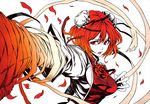 bad_id bad_pixiv_id bandages breasts double_bun flower ibaraki_kasen iro_marimo large_breasts lips monochrome orange_hair outstretched_arm red_eyes rose short_hair simple_background solo spot_color tabard touhou upper_body white_background 