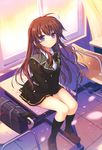  absurdres alpha_(yukai_na_nakamatachi) bag between_legs black_legwear blazer blush bow brown_hair chair curtains desk diploma dress_shirt hair_ornament hand_between_legs highres jacket kimi_to_issho_ni kneehighs light_smile loafers long_hair on_desk petals purple_eyes scan school_bag school_desk school_uniform shirt shoes sitting skirt smile solo sunlight tachibana_akane tiles window 