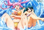  2girls bikini cameltoe green_hair hagure_yuusha_no_estetica long_hair megami nanase_haruka ousawa_miu pink_hair swimsuit twintails water 