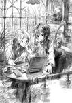  annie_berton computer greyscale laptop long_hair matsuda_(matsukichi) messy_hair monochrome multiple_girls open_mouth original pointing short_hair sitting sketch smile table yvette_martin 