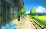  chair cloud day field grass no_humans original railroad_tracks real_world_location realistic scenery sky train_station tree you_shimizu 