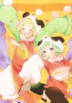  ami7 animal_costume animal_ears bad_id bad_pixiv_id baozi blonde_hair blush bowl chinese_clothes closed_eyes fang food green_eyes green_hair gumi hair_ornament hairclip hat highres kagamine_rin meandros multiple_girls noodles open_mouth outstretched_arms panda_costume panda_hat ramen red_eyes short_hair smile vocaloid yie_ar_fan_club_(vocaloid) 