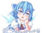  blue_dress blue_eyes blue_hair blush bow chin_rest cirno dress hair_bow one_eye_closed open_mouth shize_(coletti) short_hair solo touhou 