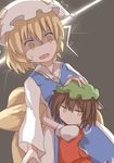  animal_ears blonde_hair brown_eyes brown_hair cat_ears chen commentary dress fox_tail hat hug jitome lightning multiple_girls open_mouth shize_(coletti) short_hair tail touhou yakumo_ran yellow_eyes 