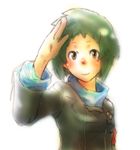  aqua_hair blush brown_eyes colorized looking_at_viewer muro persona persona_3 salute school_uniform short_hair simple_background smile solo usuke_(hcd) waving yamagishi_fuuka 