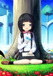 1girl armais_(me-chan337) bangs bird black_hair blue_eyes blunt_bangs blush bridge child floor grass house long_hair notepad open_mouth original outdoors shoes short_twintails sitting skirt smile socks solo suspenders tree twintails wariza 
