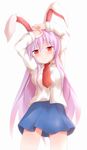  animal_ears arms_up blush bunny_ears dress_shirt highres lavender_hair long_hair necktie red_eyes red_neckwear reisen_udongein_inaba shirt shize_(coletti) skirt solo touhou 