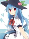  bad_id bad_pixiv_id blue_hair blush food fruit hat heart hinanawi_tenshi long_hair looking_at_viewer peach red_eyes saibi solo touhou 