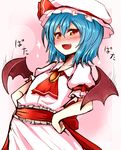  ascot bat_wings blue_hair blush brooch flapping hands_on_hips hat jewelry nose_blush red_eyes remilia_scarlet roki_(hirokix) short_hair smug solo sparkle touhou upper_body wings 