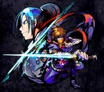  9tt6 blue_eyes blue_hair brown_hair glowing glowing_weapon mask multiple_boys ninja plasma_sword ponytail scarf science_fiction strider_(video_game) strider_hien strider_hiryuu sword tonfa weapon 