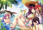  animal_ears artist_name bare_shoulders bikini black_hair blue_eyes blush bracelet breasts bunny_ears drinking_straw eyewear_on_head flower glass hair_flower hair_ornament hat heart hibiscus highres holding houraisan_kaguya inaba_tewi innertube jewelry kamiya_yuu large_breasts legs long_hair looking_at_viewer multiple_girls navel no_hat no_headwear nude o_o outdoors palm_tree purple_eyes purple_hair scan sitting straw_hat sunglasses swimsuit tears topless touhou tree water yagokoro_eirin 