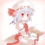  ascot bat_wings blue_hair blush hat red_eyes remilia_scarlet shize_(coletti) short_hair sitting smile solo touhou wings wrist_cuffs 