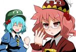  aqua_hair arano_oki bespectacled blush clenched_hands closed_eyes glasses hair_bobbles hair_ornament hat kawashiro_mitori kawashiro_nitori key long_sleeves multiple_girls open_mouth original parody red_hair rin-chan_now!_(vocaloid) siblings side_ponytail sisters sweatdrop touhou two_side_up vocaloid white_background 