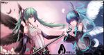  aqua_eyes aqua_hair bad_id bad_pixiv_id boqboq center_opening closed_eyes dual_persona elbow_gloves feathers gloves green_hair hatsune_miku hatsune_miku_(append) highres long_hair microphone multiple_girls music necktie open_mouth singing smile twintails very_long_hair vocaloid vocaloid_append wings 