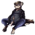  belt blue_eyes canine clothing coyote fur hat humanoid_penis jacket jeans looking_down male mammal paws penis plain_background posscat shirt sitting transformation transparent_background 