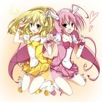  blonde_hair bow choker cure_happy cure_peace hair_flaps heart holding_hands hoshizora_miyuki kise_yayoi long_hair looking_at_viewer magical_girl multiple_girls open_mouth pink_bow pink_choker pink_eyes pink_hair pink_shorts pink_skirt precure sakura-no shorts skirt smile_precure! yellow_bow yellow_eyes yellow_skirt 