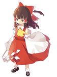  ascot bow brown_hair detached_sleeves empty_eyes full_body gohei grey_eyes hair_bow hair_tubes hakurei_reimu mary_janes ponytail shionty shoes short_hair solo touhou white_background wide_sleeves 