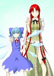  2girls blue_eyes blue_hair blush bow bowtie braid china_dress chinese_clothes cirno closed_eyes dress hair_bow hand_on_hip highres hong_meiling ice ice_wings long_hair multiple_girls niwatazumi no_hat no_headwear red_hair short_hair side_slit sketch smile touhou twin_braids v very_long_hair vest wings 