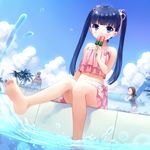  2girls bad_id bad_pixiv_id bikini blue_eyes blue_hair blush food frilled_bikini frills goggles hair_ribbon highres holding lifeguard lifeguard_chair long_hair multiple_girls navel one-piece_swimsuit original popsicle ribbon sitting soaking_feet swimsuit twintails water xiangtu 