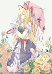  blonde_hair bow breasts bug butterfly cleavage detached_sleeves doming flower hair_ribbon insect large_breasts long_hair no_hat no_headwear puffy_sleeves purple_eyes ribbon rose smile solo touhou umbrella very_long_hair wrist_cuffs yakumo_yukari 