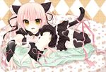  animal_ears black_legwear cat_ears cat_tail fang female fingerless_gloves garter_straps gloves hair_ornament hair_ribbon hand_heart heart heart_hands lolita_fashion looking_at_viewer lying nekomimi open_mouth original pink_hair ribbon sakuragi_yuzuki solo tail tail_ribbon thighhighs yellow_eyes zettai_ryouiki 