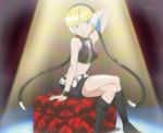  bare_shoulders blonde_hair blue_eyes boots cleavage collar crop_top kamitsure_(pokemon) leather legs_crossed pokemon short_hair skirt spotlight stitch stitched 