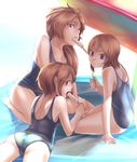  ass blue_eyes blush elpeo_puru food gundam gundam_unicorn gundam_zz highres konnyaku_(kk-monmon) long_hair lying marida_cruz multiple_girls orange_hair ponytail popsicle puru_two sitting swimsuit 