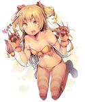  animal_ears bare_shoulders blonde_hair collarbone dsmile green_eyes idolmaster idolmaster_cinderella_girls jougasaki_rika lion_ears lion_girl lion_tail long_hair open_mouth paws simple_background solo striped striped_legwear tail thighhighs translated two_side_up white_background 