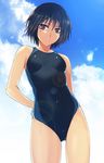  :o amagami arms_behind_back black_hair brown_eyes cloud competition_swimsuit covered_navel day lens_flare nanasaki_ai one-piece_swimsuit short_hair sky solo swimsuit takebouzu 
