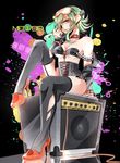  bare_shoulders collar corset fishnets frills goggles goggles_on_head green_eyes green_hair gumi headset high_heels highres looking_at_viewer nou shoes short_hair sitting smile solo speaker thighhighs torn_clothes vocaloid 