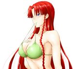  bikini_top blue_eyes blush braid breasts cleavage hong_meiling large_breasts long_hair mouth_hold niwatazumi red_hair sketch smile solo touhou twin_braids 