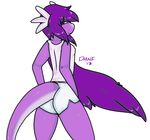  anthro aqua_eyes blue_eyes breasts butt clothing dani_(daniruu) daniruu dragon dratini eyewear female fins fursona glasses hair hi_res long_hair long_tail looking_back nintendo nipples plain_background pok&#233;mon pok&#233;morph pok&eacute;mon purple_hair purple_skin reptile scalie shiny_pok&#233;mon shiny_pokemon shirt shorts small_breasts snake tank_top video_games wet wet_clothes wet_clothing white_background 