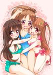  ass atarashi_ako bad_id bad_pixiv_id bikini blush brown_hair chiru glasses hug long_hair matsumi_kuro multiple_girls open_mouth ponytail ribbon saki saki_achiga-hen smile swimsuit takakamo_shizuno 