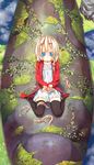  black_legwear blonde_hair blue_eyes blush cuts drawing dress flower icemissile injury jacket looking_down missile moss open_mouth original red_footwear severed_hair short_hair sitting solo thighhighs wariza white_dress 