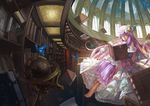  barefoot bespectacled book bookshelf bug butterfly crescent dome dress floating_book glasses globe hair_ribbon hat indoors insect library long_hair open_book paper patchouli_knowledge purple_eyes purple_hair ribbon saber_01 solo touhou voile 
