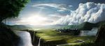  bad_pixiv_id castle cloud day fantasy mountain no_humans original realistic scenery sky sun sunlight tree wad water waterfall 
