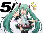  :d character_name closed_eyes detached_sleeves green_hair happy_birthday hatsune_miku long_hair manami_tatsuya necktie open_mouth outstretched_arm skirt smile solo thighhighs twintails very_long_hair vocaloid 