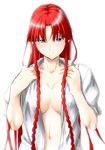  blue_eyes blush braid breasts cleavage dress_shirt highres hong_meiling large_breasts long_hair looking_at_viewer niwatazumi no_bra no_hat no_headwear open_clothes open_shirt red_hair seductive_smile shirt sketch smile solo touhou twin_braids very_long_hair 