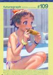  bare_shoulders bikini blue_eyes breasts brown_hair cleavage collarbone corn eating food food_on_face highres murata_renji navel open_mouth outdoors purple_bikini ribbon short_hair sitting skindentation small_breasts solo stomach swimsuit teeth wrist_cuffs 