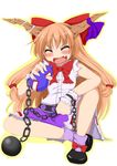  blush chain closed_eyes fang gourd highres horns ibuki_suika long_hair miyoshi_(triple_luck) open_mouth orange_hair sitting sleeveless solo touhou white_background wrist_cuffs 